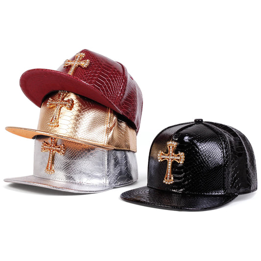 Unisex PU Leather Cross Hip Hop Hat Outdoor