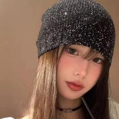 Sparkling Sequined Knitted Hat Girls Sequin Bowknot Cap Women Pearl Bow Dome Hats