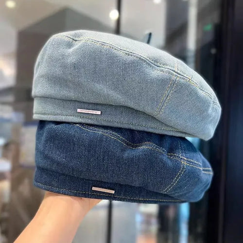 New Denim Beret Hat For Women Vintage Washed Blue Jeans