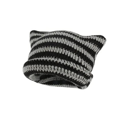 Cute Cat Ears Beanie Hats For Women Winter Striped Korean