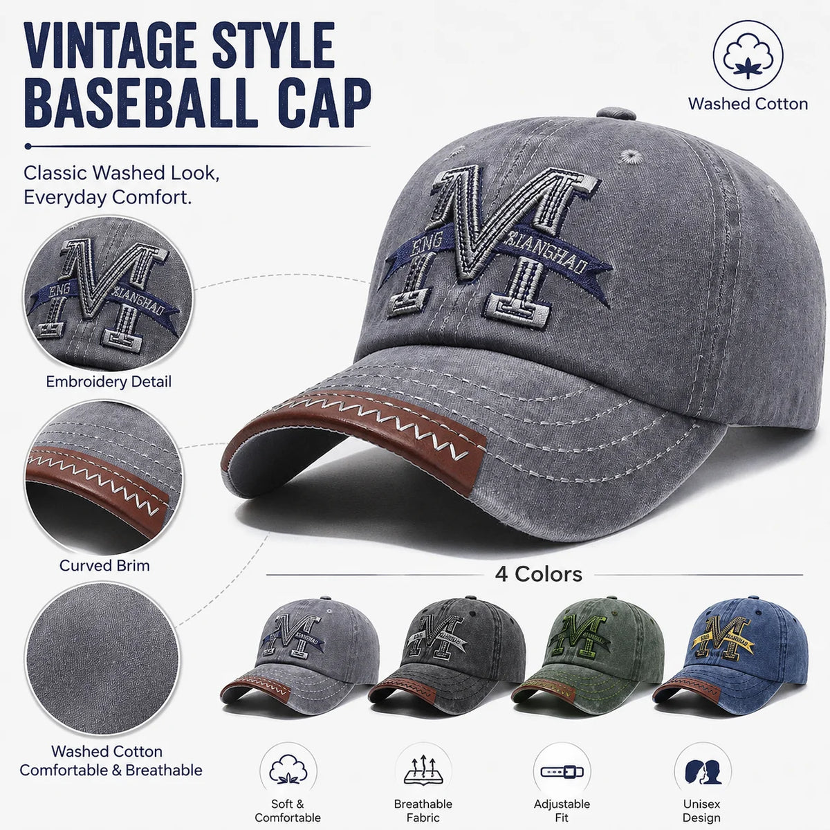 Vintage Washed Cotton Baseball Cap Men Women Letter M Embroidery Dad Hat