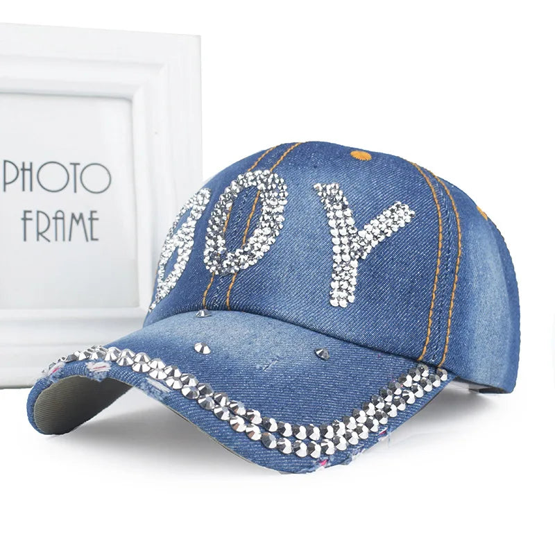 New Women Washed Denim Rhinestone Crown Baseball Cap