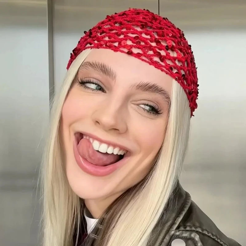 Glitter Sequins Cap Women Slouchy Snood Hat Hollow Out Knitted Hair Net