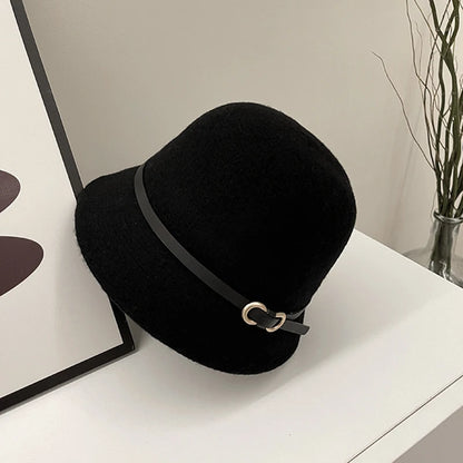 New Fashion Unisex Solid Color Wool Winter Hat With Belt Autumn Bucket Wool