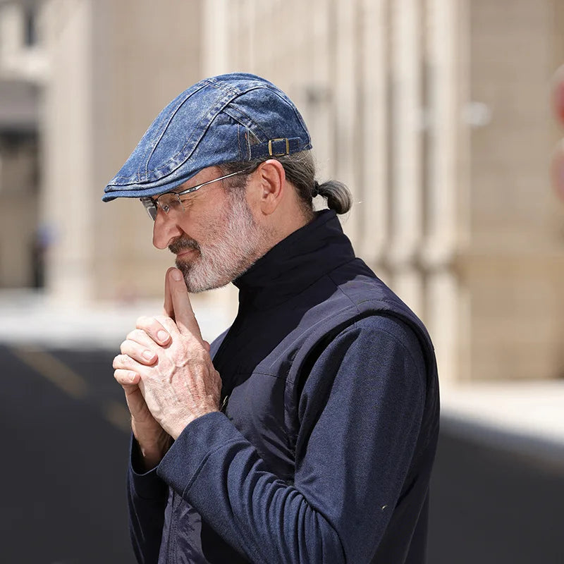 Solid Denim Ivy Cap Men Adjustable Buckle Flat Beret Hat
