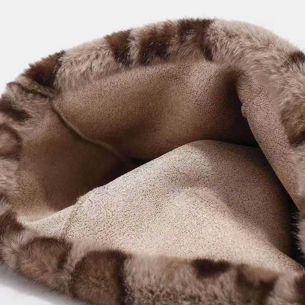 New Leopard Print Fur Hat Women Cute Teddy Bear Beanie Hat