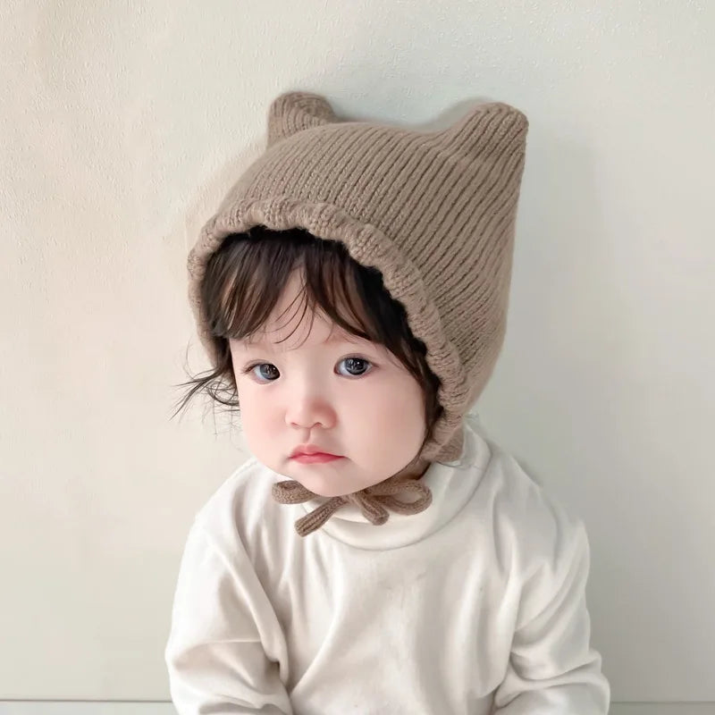 Autumn Winter Solid Color Knitted Warm Earmuffs Beanie Toddler Outdoor Windproof Cap