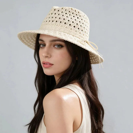 Japanese Simple Hollow Out Panama Straw Hat For Women Spring Summer