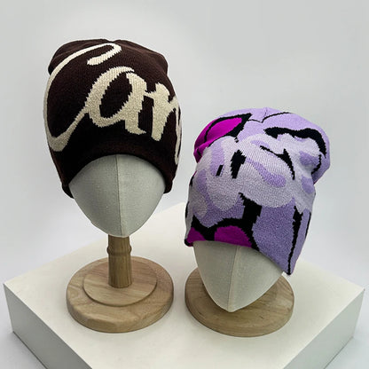 Letter Wool Knitted Hats Color Block Warm Personal Beanies