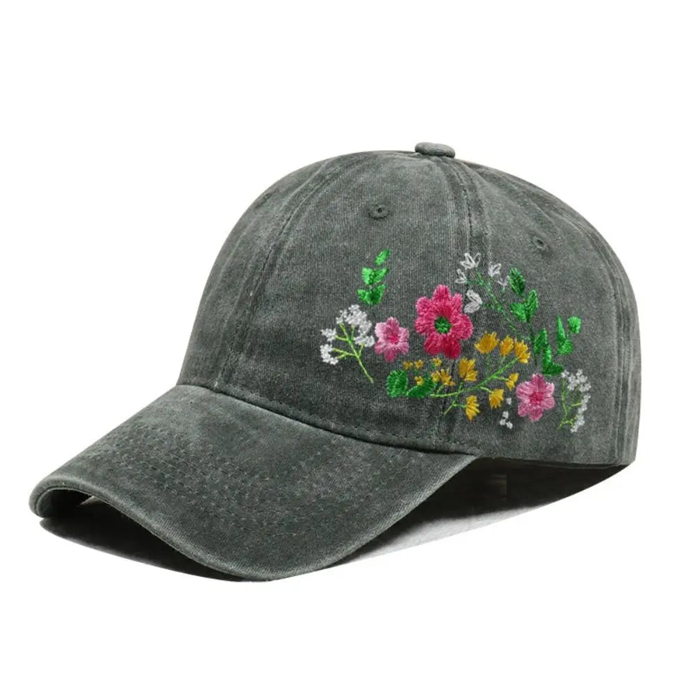 Vintage Flower Embroidery Baseball Cap Washed Cotton Adjustable