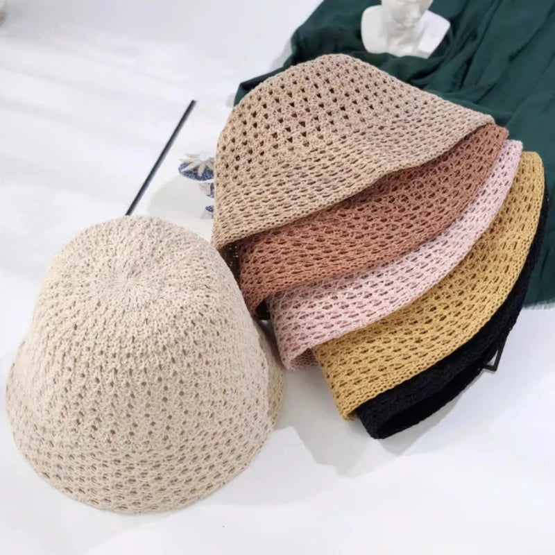 Summer Breathable Hollow Out Knit Bucket Hat Women's