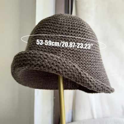 Women Wool Knit Bucket Hat Rolled Brim Warm Fisherman Cap For Autumn Winter