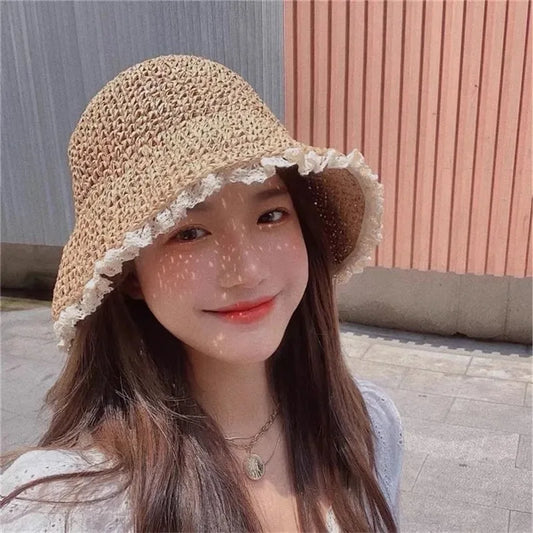 Summer Fashion Lady  Beach Hat Foldable Straw Crochet Bucket Hat