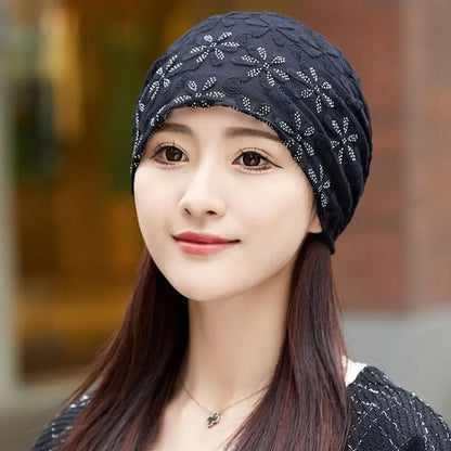 Autumn Lace Flower Beanies Cap Breathable Elegant Thin Crochet Slouchy Hat