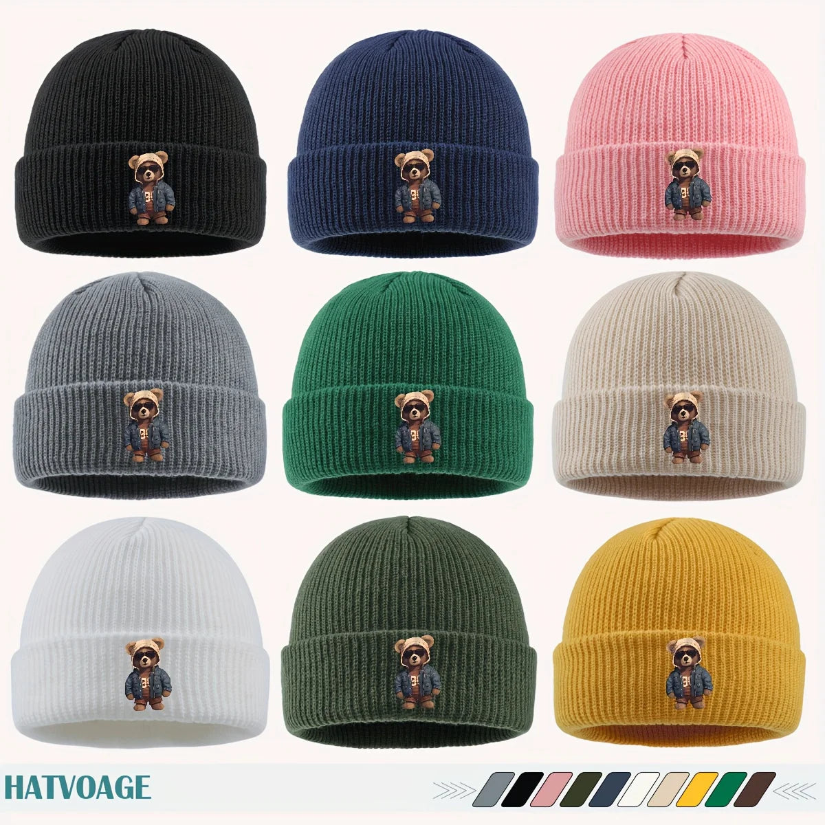 Fun "Bear" Printed Beanie, Unisex Street Skate Hat