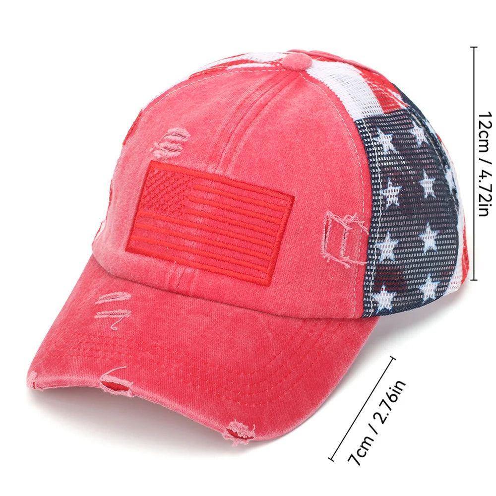 Summer Women Baseball Cap USA Star Print High Ponytail Hats