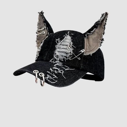 2026 New Y2k Rabbit Ears Denim Ripped Baseball Cap