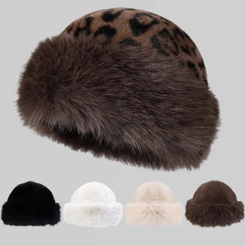 Leopard Print Furry Mongolian Hat Winter Warm Fluffy Bucket Hat