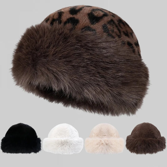 Leopard Print Furry Mongolian Hat Winter Warm Fluffy Bucket Hat