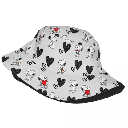 Trendy Snoopys Dog Bucket Hats Women Men Outdoor Sports Cartoon Heart Fishing