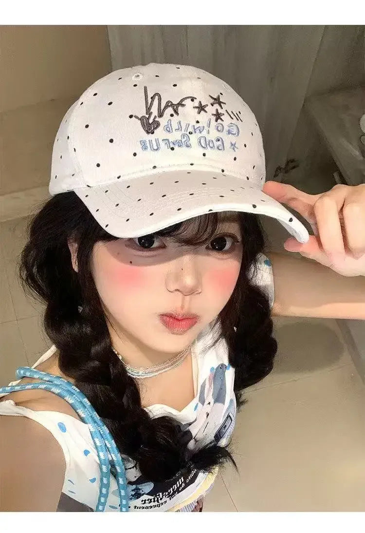 Outdoor Travel Polka Dot Letter Embroidery Baseball Cap Wide Brim Shows a Small Face Versatile Sports Deep Top Cap