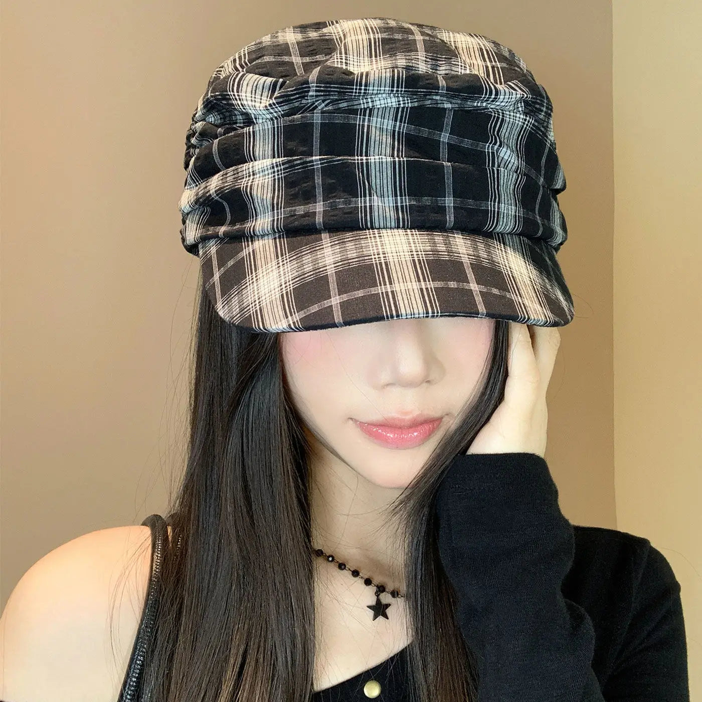 Vintage Checkered Pleated Cap Women's