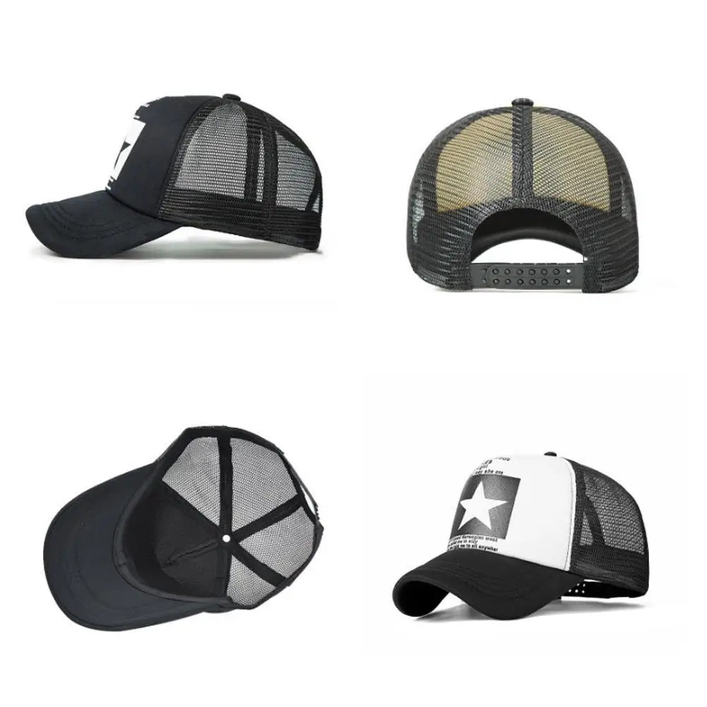 Summer Mesh Baseball Cap Fashion Star Printed Adjustable Baseball Hat Ponytail Cap Unisex Outdoor Sports