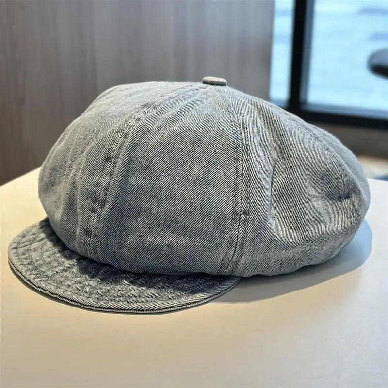 Lady Washed Old Blue Denim Large Beret Spring Autumn