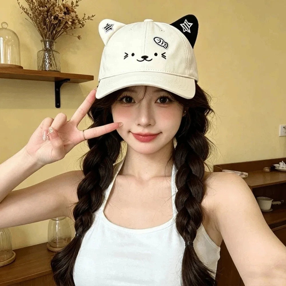 Cute Cat Ears Baseball Cap Thin Breathable Sun Hat UV Protection Adjustable Duckbill Cap Women Spring Summer