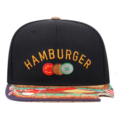 New Flat Edge Hat Burger Embroidered Printed Baseball Hat Outdoor Daily Sunshade Hat Unisex Hip Hop Hat