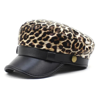 Four Seasons Pu Leopard Print Beret Octagonal Cap
