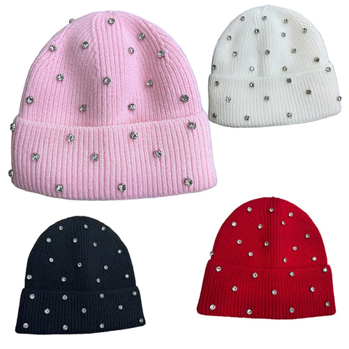 Women's Winter Knit Beanie Hat Soft Warm Fake Diamond Embellished For Party