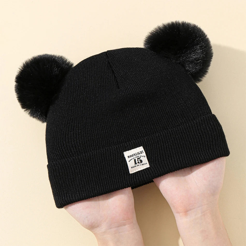 Autumn Winter Baby Warm Knitted Hats With Pom Kids Knit Beanie Hat Solid Color Children Hat