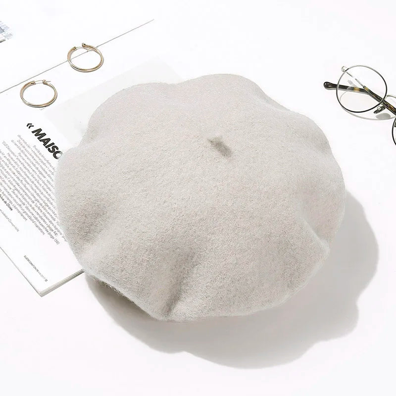 Wool Beret Hat Women Winter Thick French Hat Girls Solid Color Autumn