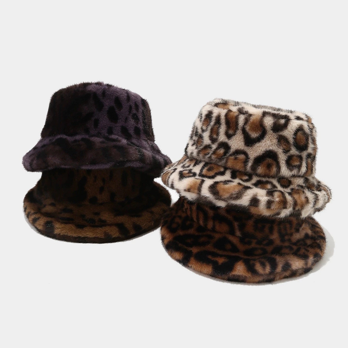 Women Leopard Print Fur Hat Thickened Winter Warm Fisherman Hat