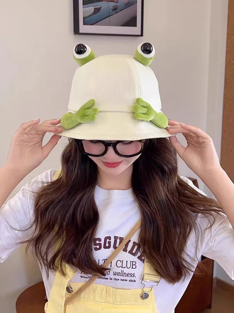 New Cute Big Eyes Frog Bucket Hats Outdoor Foldable Sun Fishing Cap Women