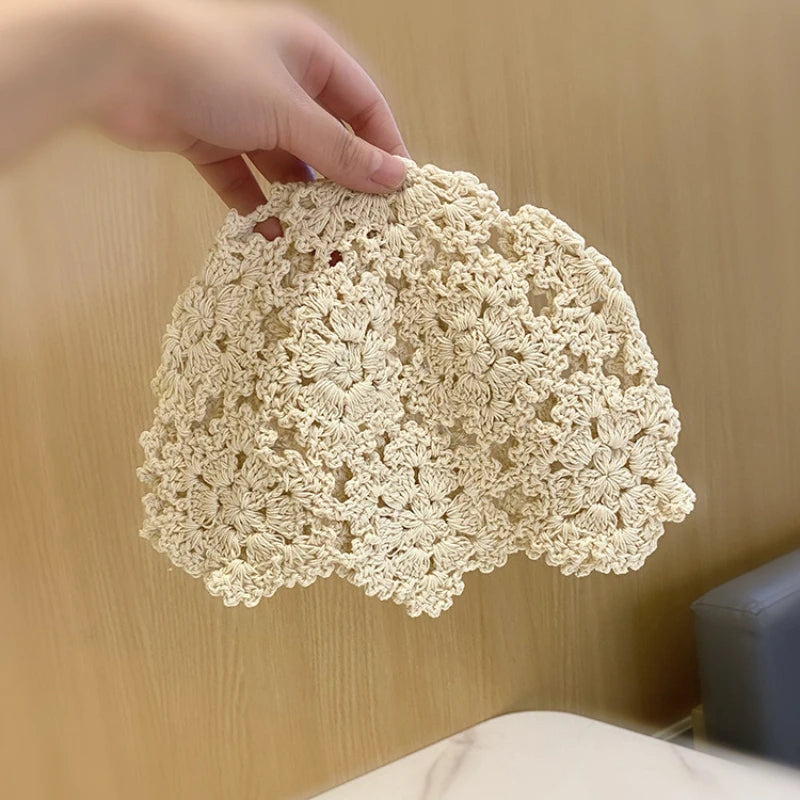 Summer Breathable Hollowed Out Knitted Hat Flowers Lace Beret Cap