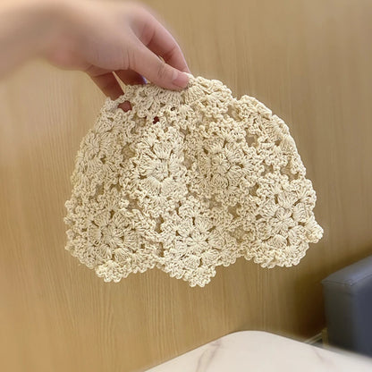 Summer Breathable Hollowed Out Knitted Hat Flowers Lace Beret Cap