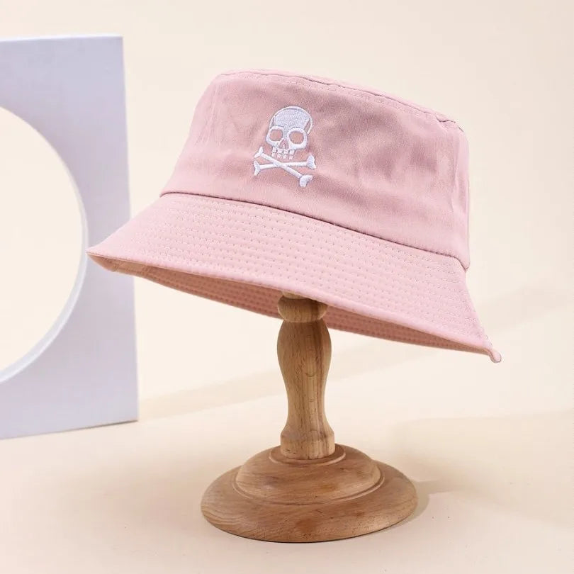 Summer Solid Bucket Hat For Women Embroidery Skull Breathable