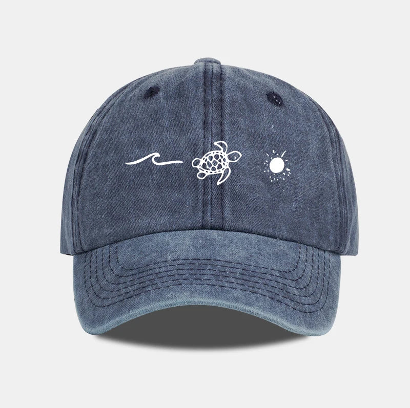 Retro Washed Baseball Cap With Wave Turtle and Sun Print Unisex Adjustable Dad Cap Summer Beach Sun Hat