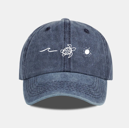 Retro Washed Baseball Cap With Wave Turtle and Sun Print Unisex Adjustable Dad Cap Summer Beach Sun Hat