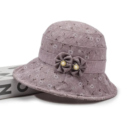 Ladies Bowler Hat Bow Printed Sun Hat Light and Breathable Sun Hat