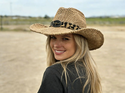 Y2K Leopard Band Straw Cowboy Hat, Retro Western Wide Brim Sun Hat