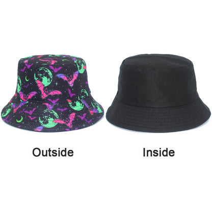 Halloween Neon Bat Moon Print Bucket Hat Unisex Fisherman Cap Spooky Cosplay Decorate Panama Hat