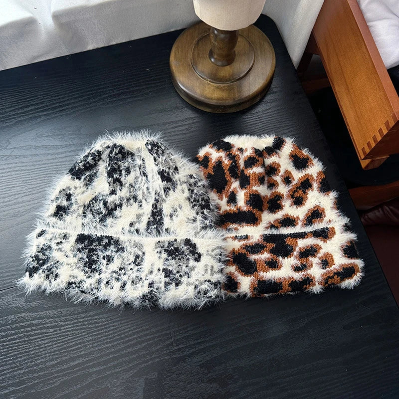 Winter Fur Leopard Print Beanie Hat Women's Outdoor