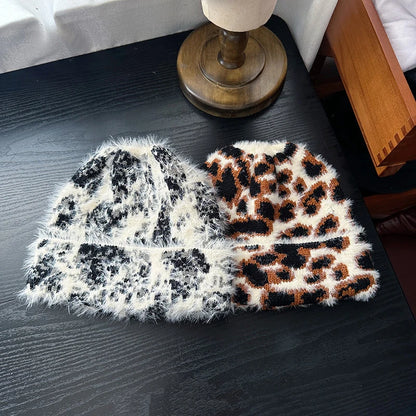 Winter Fur Leopard Print Beanie Hat Women's Outdoor
