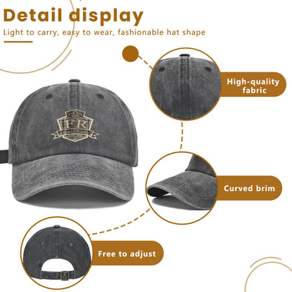 Vintage Washed Baseball Cap Unisex Distressed Snapback Hat Grey Gold Embroidered Shield Adjustable Hat
