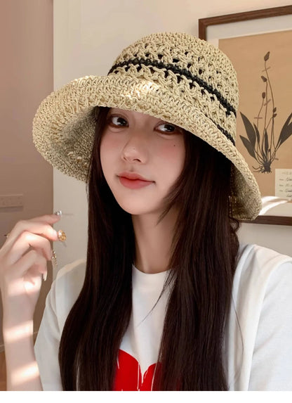 Striped Openwork Knitted Straw Hat Breathable Fisherman's Hat
