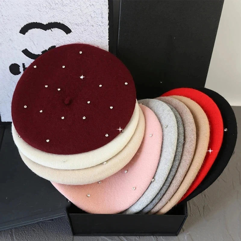 Luxury Rhinestone Wool Thick Berets For Women Autumn Winter Ladies Bling Beret