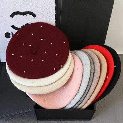 Luxury Rhinestone Wool Thick Berets For Women Autumn Winter Ladies Bling Beret